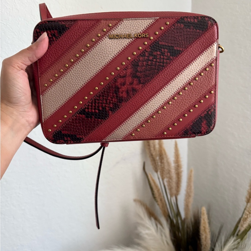 Michael Kors Burgundy and Beige Striped Crossbody